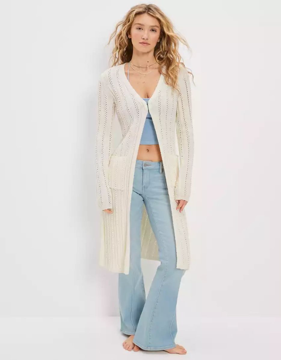 Cardigan American Eagle AE Extra Long Knit Blanche Femme | NVN-54881548